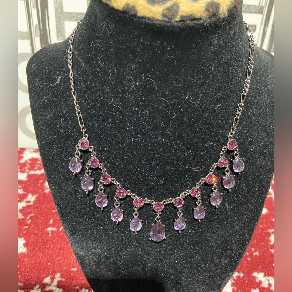 Purple Rhinestone Drop Bib Gunmetal Necklace